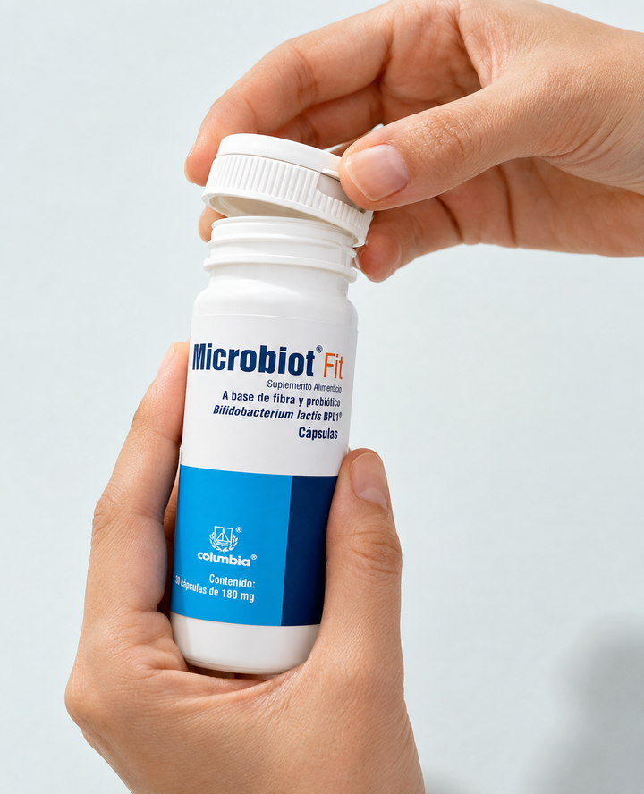 Manos abriendo un frasco de Microbiot Fit